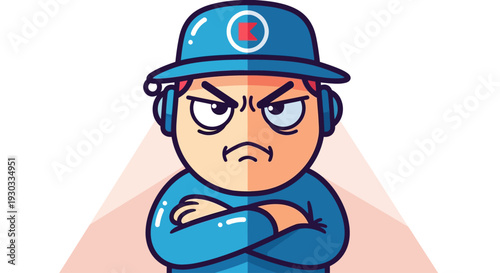 An angry cartoon character wearing a blue uniform and cap with arms crossed.