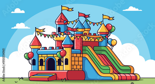 A vibrant and colorful cartoon illustration of a large inflatable castle bounce house with slides and flags, set against a bright blue sky with fluffy clouds.