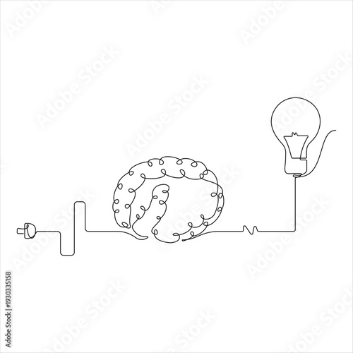 Brain powering an idea continuous line art vector illustration