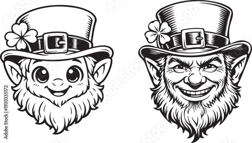 Leprechaun head mascot icon set, St. Patrick's day black and white vector illustration. grumpy and cheerful Irish folklore characters.