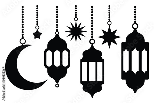 Islamic Crescent Moon, Lanterns, and Stars Hanging Decorations