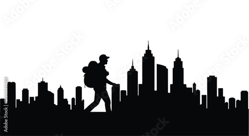 Silhouette of a lone traveler exploring a vibrant cityscape at dusk, embracing adventure and discovery.