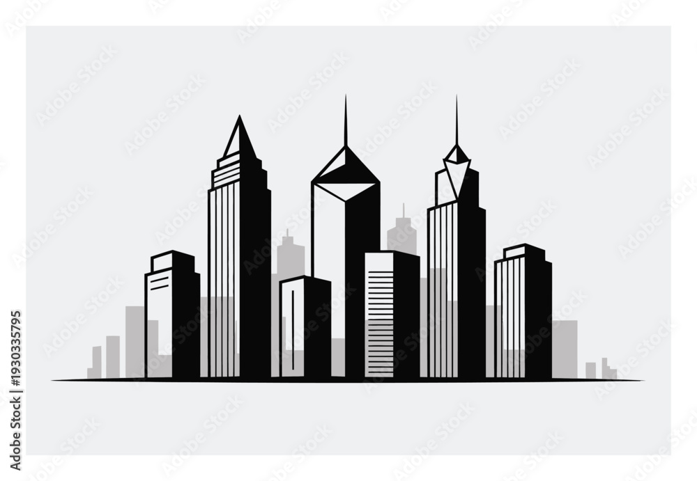 Obraz premium Modern City Skyline Black and White Vector Illustration