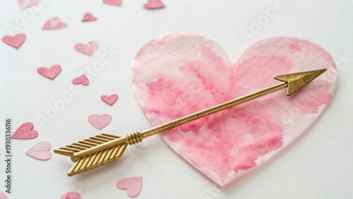A watercolor pink heart pierced by a golden arrow, surrounded by smaller pink hearts on a white background, symbolizing love and romance.