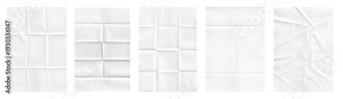 Foto Set of five white folded paper sheet mockups isolated on transparent background, crumpled poster texture effects and blank creased paper overlays for graphic design