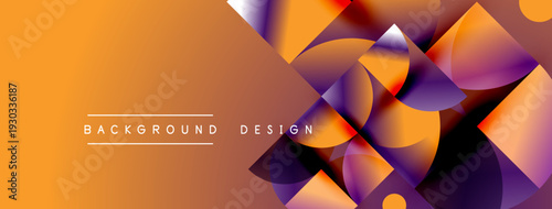 Abstract geometric shapes blend orange, purple hues. Modern design creates dynamic visual impact. Gradient transitions offer depth.