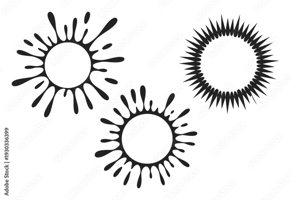 Fototapeta premium Three abstract circular two ink splatters and one spiky sunburst
