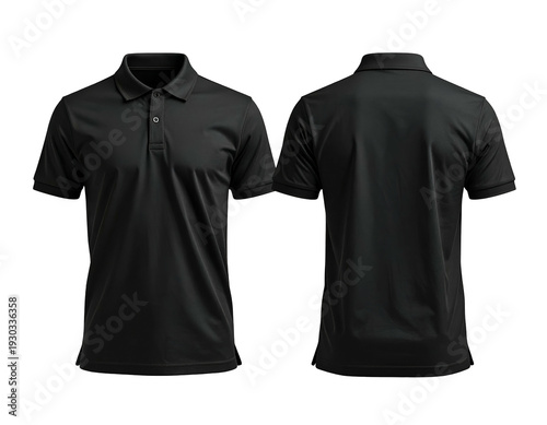 Front and back views of a black polo shirt, with a buttoned placket, collar, and short sleeves