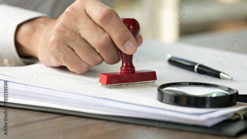A hand pressing a red rubber stamp on a document beside a pen and magnifying glass on a wooden desk.