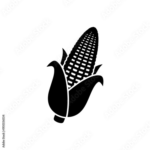 A stylized black and white illustration of a single ear of corn with a bird silhouette