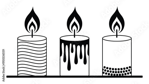 Three stylized candles with flames, one with wavy lines, one with dripping wax, one with textured base
