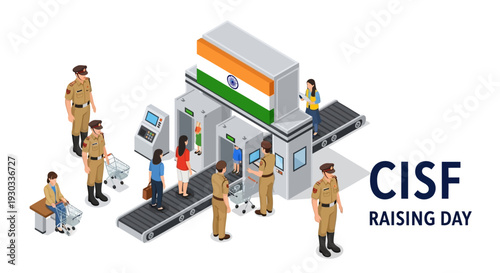 Indian Central Industrial Security Force personnel celebrate CISF Raising Day at an airport security checkpoint with a 3D isometric design.