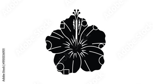 Elegant black silhouette of a hibiscus flower with abstract geometric shapes adorning its petals.