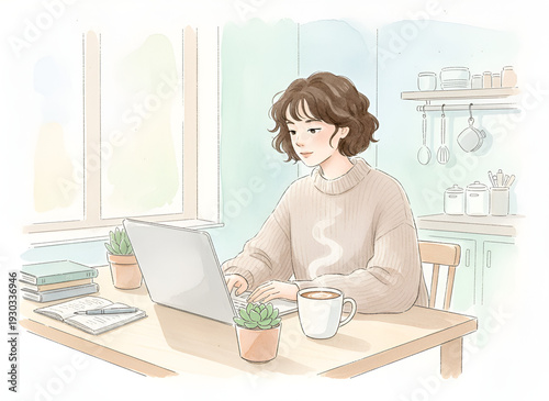 Realistic Remote Work at Home Kitchen - Watercolor Illustration