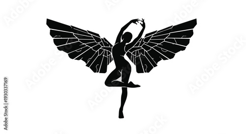 Graceful silhouette of a winged dancer in a dynamic pose against a white background.