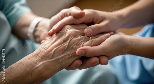 Caring Hands Holding Elderly Woman's Wrinkled Hand