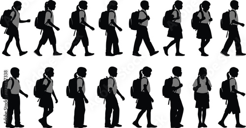 School children silhouette set with boys and girls walking with backpacks, student lineup collection for education, classroom, youth and back to school designSchool children silhouette set w