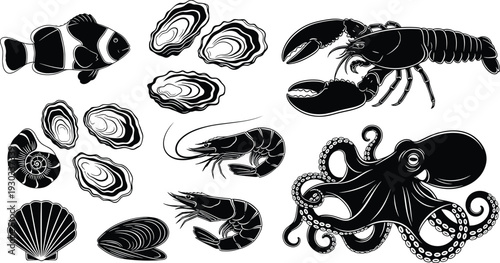 Seafood and Marine Life Silhouette Set with Lobster Shrimp Octopus Fish Oysters and Shells, Black and White Vector Illustration Collection for Ocean Food DesignSeafood and Marine Lif