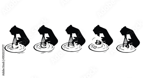 A silhouette of a bear cub playfully splashing in water with a bottle.