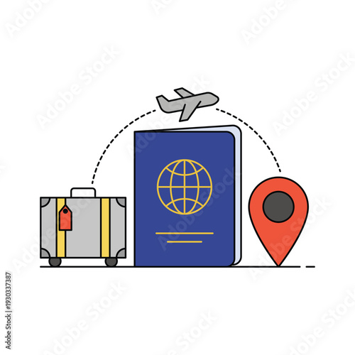 Traveling with passport, luggage, and map pin, symbolizing global journey and destination