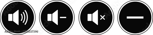 Volume control icon set with speaker symbols for sound on, mute, decrease and silence options in solid circle buttons for web and app interfaceVolume control icon set with speaker symbols for sound o