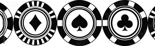 Casino Poker Chips with Card Suits Symbols Diamond Spade Club in Black and White, Gambling Game Vector Illustration for Betting and Card Game DesignCasino Poker Chips with Card Suits Sy