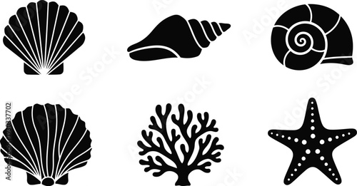 Sea Shells and Starfish Vector Silhouette Set for Beach and Ocean Design