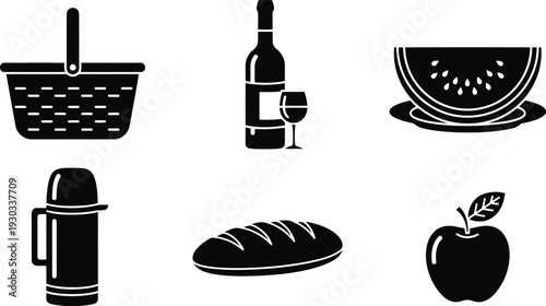 Picnic food and drink vector silhouette set with basket, wine, bread, fruit, and thermos icons
