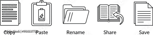 Document management icon set with copy, paste, rename, share and save symbols in outline style for file organization, office workflow and web interface designDocument management ico