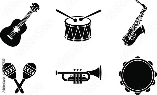 Musical Instruments Vector Silhouette Set with Guitar, Drum, Saxophone, Trumpet, Maracas, Tambourine