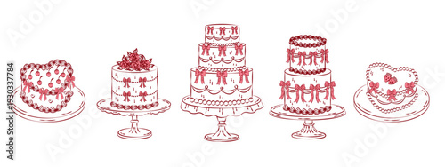 Coquette cakes set in hand drawn vintage doodle style. Whimsical and elegant cakes with ribbons and bows for wedding party.
