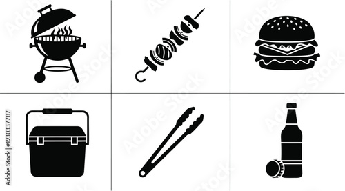 Barbecue Grill Food and Drink Vector Silhouette Icons for Summer Party Design