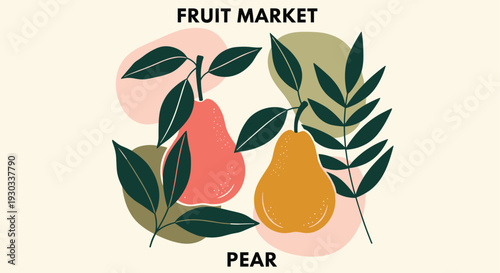 Fruit market pear illustration with decorative leaves in modern flat style, organic farm produce poster design for grocery branding and healthy food conceptFruit market pear il