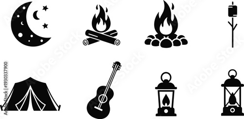 Camping vector silhouette icons set with tent, campfire, lantern, moon, guitar, and torch