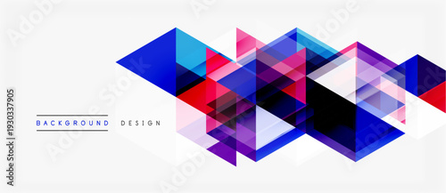 Abstract geometric shapes overlap, creating vibrant modern design. Blue, pink, purple hues dominate composition. Minimalist style.