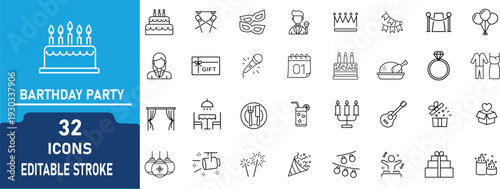 Birthday Party Line Icon Set. Contain to related icons Celebration Elements, Cake, Gift, Balloons and more. Editable Stroke Vector