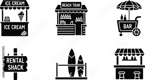 Beach kiosk vector silhouette set with ice cream bar rental shack surfboards icons