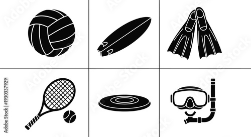 Summer sports equipment vector silhouette set including volleyball, surfboard, fins, tennis, frisbee, snorkel