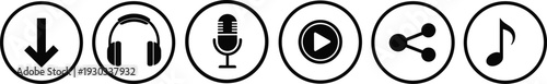 Multimedia icon set with download, headphones, microphone, play, share and music symbols in circular outline style for audio streaming apps and web interface designMultimedia icon s