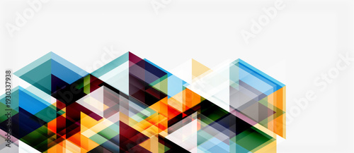 Abstract geometric shapes overlap, creating vibrant colorful design. Modern composition with translucent squares, triangles.