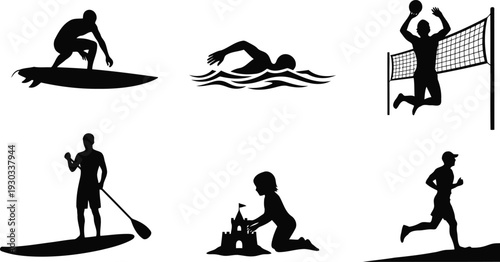 Summer Beach Sports Vector Silhouette Set Featuring Surfing, Swimming, Volleyball, Running