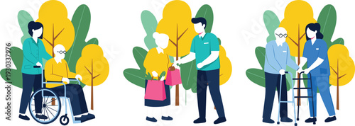 Elderly Care and Disability Support Vector Illustration Set with Caregiver Assistance Wheelchair Walker and Senior Healthcare Concept