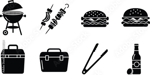 Barbecue grill and food vector silhouette icons set for summer picnic and BBQ party design