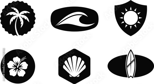 Beach summer icons set vector silhouette with palm, wave, sun, hibiscus, shell, surfboard