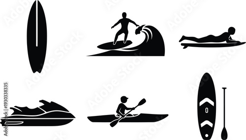 Water Sports Vector Silhouette Set Featuring Surfing, Kayaking, Paddleboarding, and Jet Ski