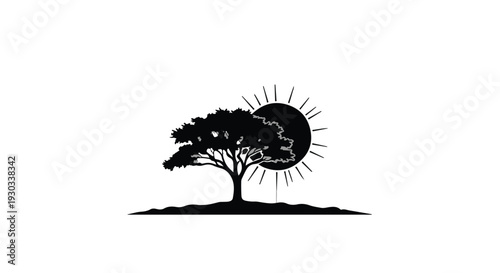 Silhouette of a lone tree with a radiant sun behind it, evoking nature and growth.