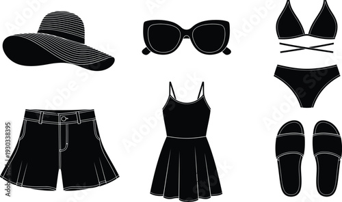 Summer beachwear vector silhouette set with hat, sunglasses, bikini, dress, shorts, and sandals