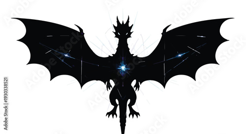 Majestic black dragon silhouette with glowing blue starburst center, symbolizing power and fantasy.