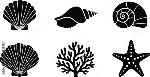 Sea Shells Starfish Coral Vector Silhouette Set for Beach and Ocean Design