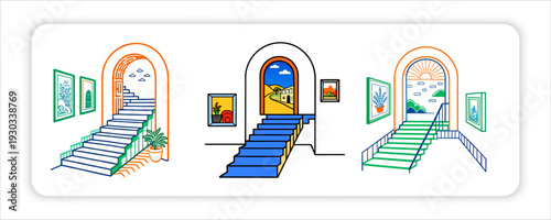 Three Archways with Staircases Leading to Different Landscapes